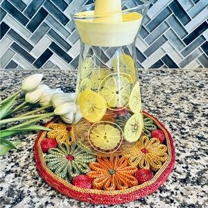 Vintage Pyrex Lemon Print Glass Pitcher with Yellow Lid